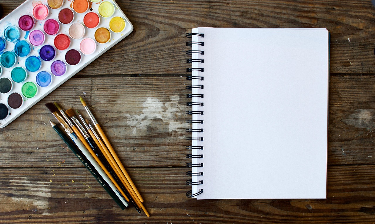 art, watercolors, arts and crafts, paint brushes, blank, colorful, colourful, notebook, paint, paint