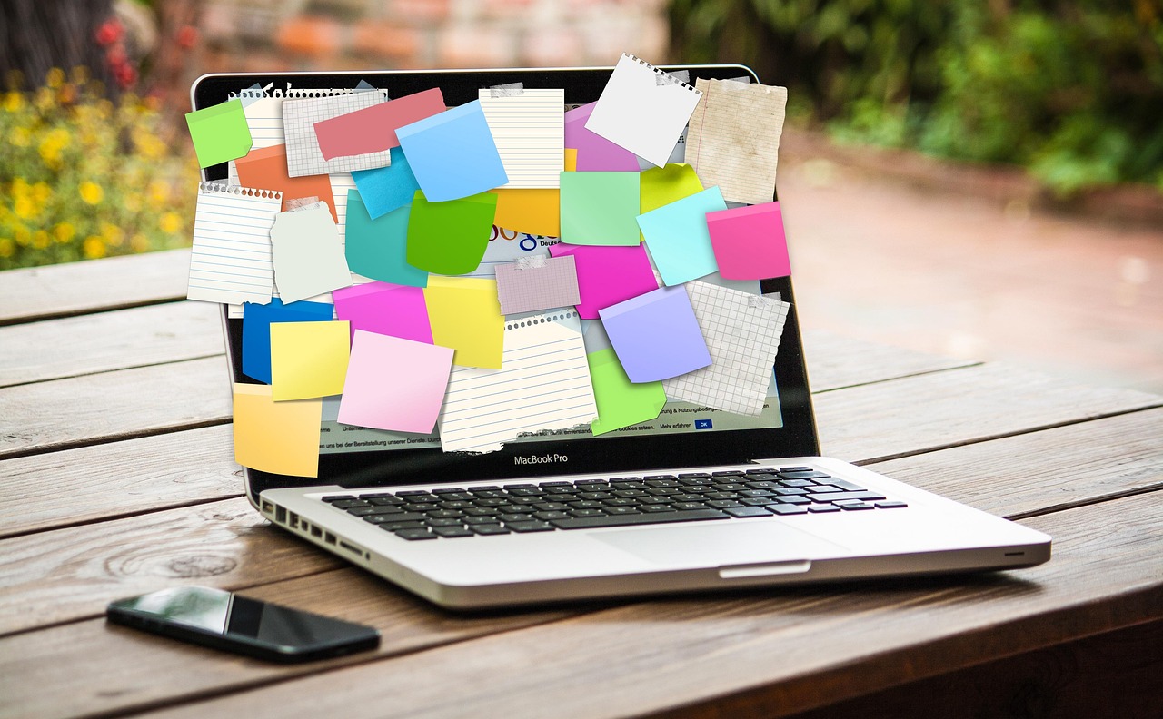 post-it notes, laptop, reminders, busy, stickies, notes, business, career, start-up, company, compet